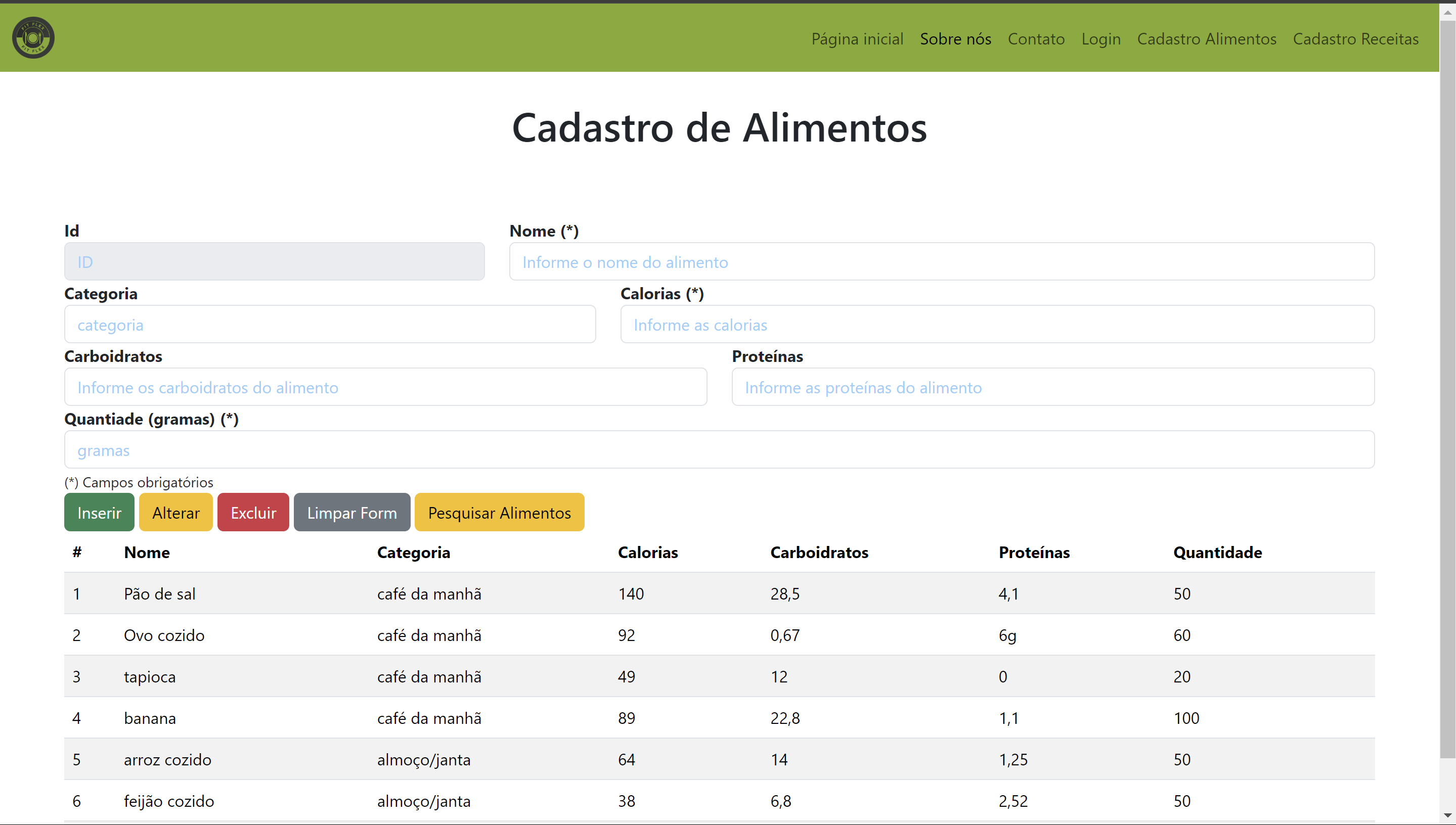 Tela Cadastro de Alimentos