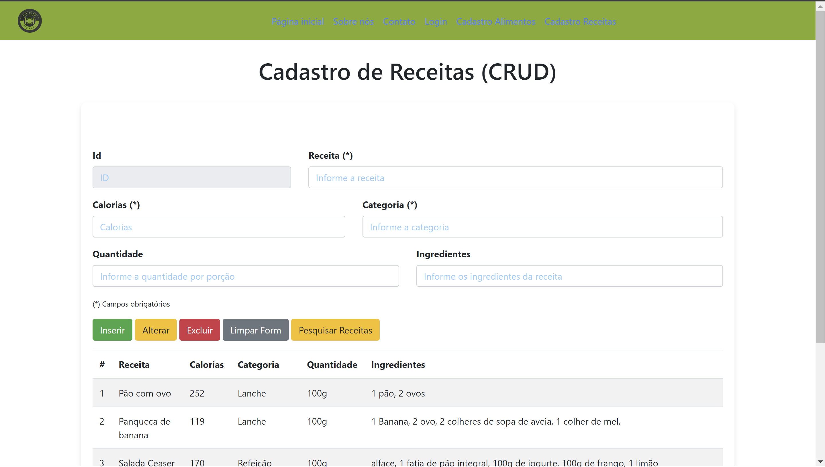 Tela Cadastro de Receitas