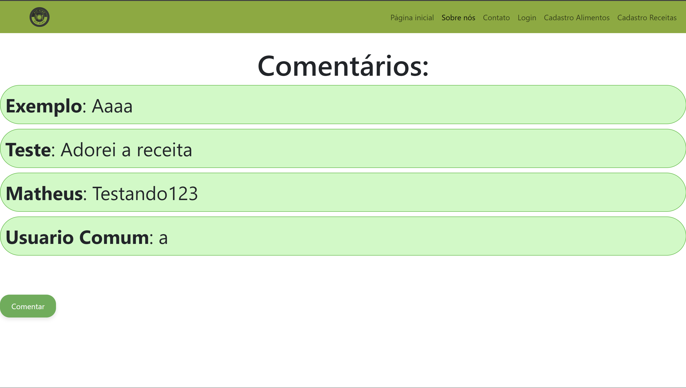 Tela de comentários
