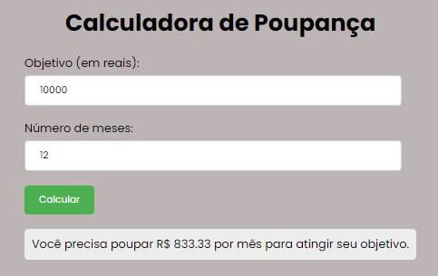 Tela Calculadora de Poupança