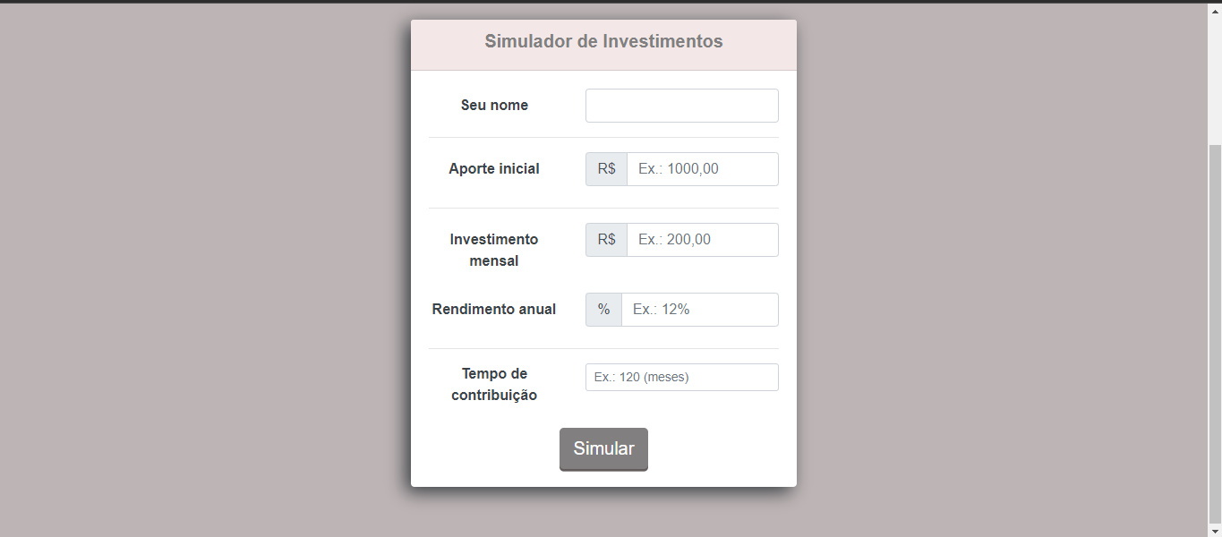 Tela calculadora de investimentos